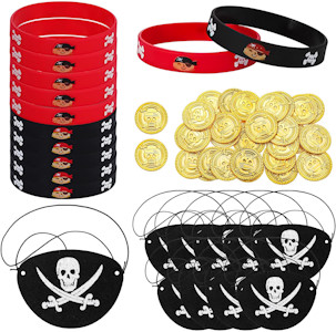 Fingertoys 52 Stück Piraten Kindergeburtstag Deko, Piraten Silikonarmband Pirate Eye Patches Piraten Münzen Piraten Accessoires für Piraten Kindergeburtstag Kostüm