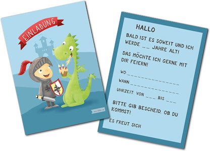 Einladungskarten für Jungen zum Kindergeburtstag/Rittergeburtstag mit Drachen und Ritter - Set zu 10 Stück - Illustration - 14,8 x 10,5 cm