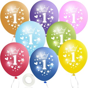 MUEZDUR 12 kunterbunte Luftballons 1. Geburtstag 30cm Luftballon Deko mit 1 Rollen Weiß Band, 1. Deko Geburtstag Mädchen Junge Jubiläum 1. Jahre Ballon Zahl 1