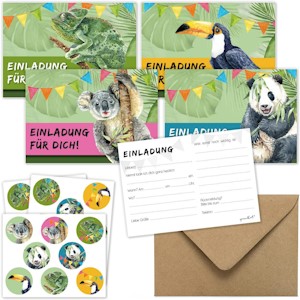 younikat 12 Einladungskarten Set zum Kindergeburtstag mit Umschlägen - Dschungel-Tiere Einladungen neutral für Jungen und Mädchen mit 24 passenden Aufklebern - dv_1165